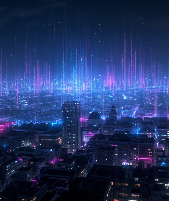 Kolkata's skyline rendered as a field of light, data streaming upward from the city.