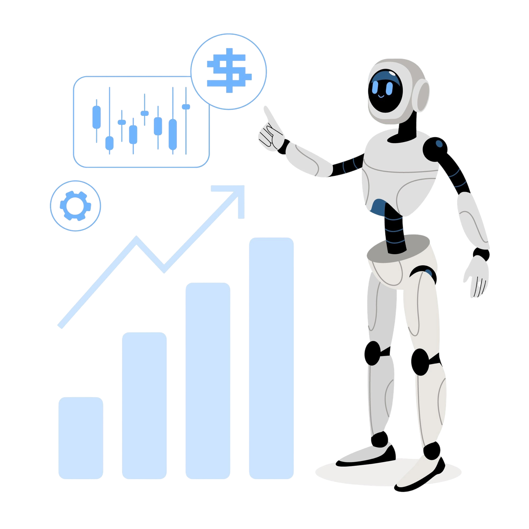 An illustration of a robot presenting a rising bar chart.