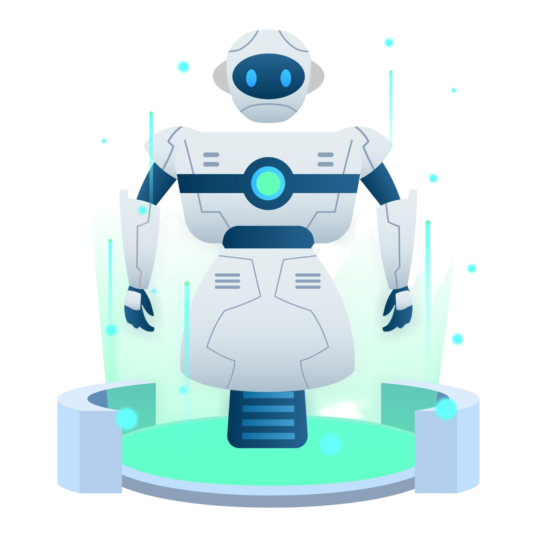 A friendly isometric robot standing on a lit platform.